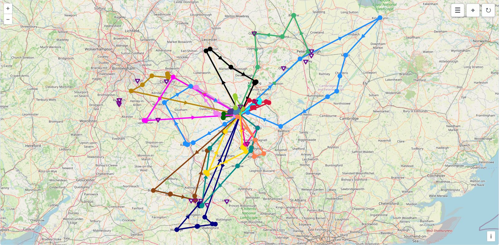 A map of the English Midlands with 21 coloured routes running out from a depot in Northampton and back, the furthest reaching Coventry, Peterborough, King's Lynn and Wallingford.