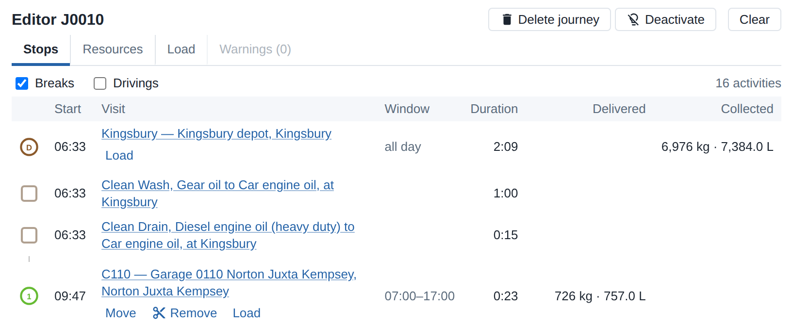 The start of a lubricants tanker's journey in Optrak: at the depot from 06:33 it loads, has one compartment washed (gear oil out, car engine oil in, one hour) and another drained (heavy-duty diesel engine oil out, car engine oil in, 15 minutes), and makes its first delivery at 09:47.